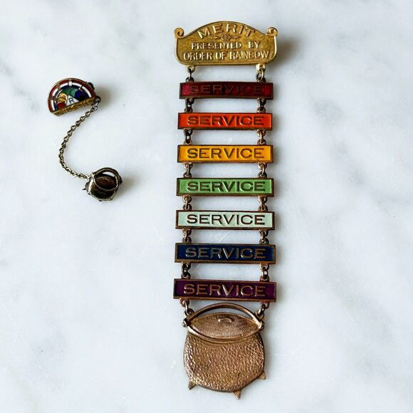 Vintage 1940s Rainbow Service Award Pin + BFCL Enamel 10k Pot of Gold Lapel Pin - Picture 1 of 4